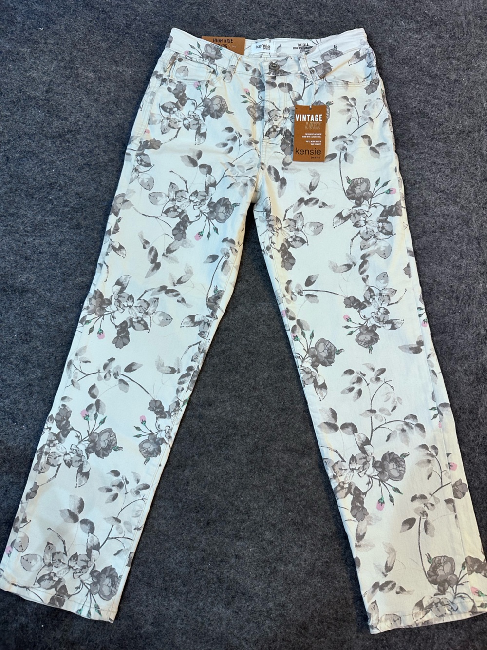 Kensie White Floral Skinny Jeans with Gray Botanical Print